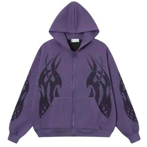 Sweat-shirt à capuche zippé unisexe surdimensionné en molleton avec motif flamme en strass personnalisé, style streetwear décontracté pour hommes et femmes - Product Image 4