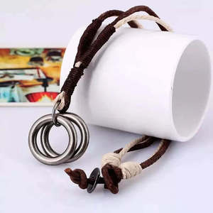 Vintage Alloy Double Ring Pendant <b>Necklace</b> with Pure <b>Leather</b> Cord for <b>Men</b> & Boys - Product Image 4