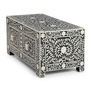 Table basse en os blanc incrusté, table centrale octogonale de luxe avec motif floral complexe et pieds sculptés en arche marocaine, en promotion - Product Image 6
