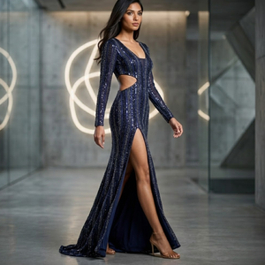 Vestido de noche moderno con bordado y manga larga para mujer |   Vestido largo ajustado al cuerpo |   Abertura alta |   Vestido Elegante para Fiesta Nocturna - Product Image 2