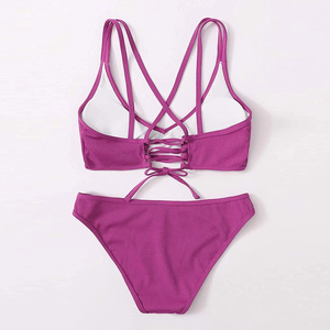 Ensemble de bikini côtelé violet pour femme, haut croisé à dos nu et bas string, en Spandex et Polyester extensible, maillot de bain - Product Image 2