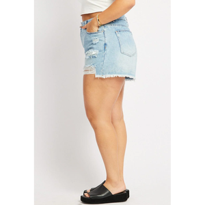 Shorts de mezclilla para mujer de cintura alta, estilo recto, formales, con logo bordado, rotos, teñido liso, cierre de cremallera, elementos de moda. - Product Image 4