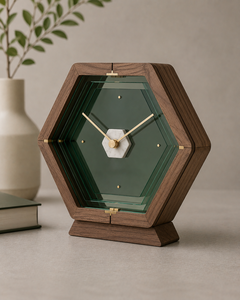 Minimalist Hexagonal Wood Desk <b>Clock</b> With Green Glass Face And Marble Center Silent Quartz Movement - Product Image 1