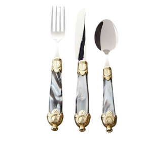 Luxury Stainless Steel <b>Cutlery</b> <b>Set</b> Elegant Grey Marble Nacreous Black Acrylic Handle <b>Gold</b> Plated Dinnerware Flatware <b>Set</b> On Sale - Product Image 1