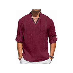 Chemise décontractée pour homme, col en V, couleur bordeaux, manches trois quarts, coton respirant, couleur unie, vêtements d'été - Product Image 1