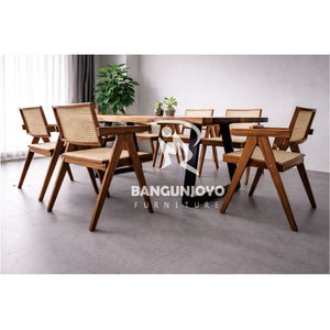 Teak Wood Dining Chairs Rattan Seats Backrests Suar Wood <b>Table</b> Iron <b>Legs</b>-Dining Room Set for Hotel Use Modern Minimalist Design - Product Image 5