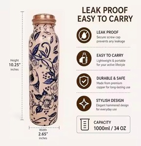 Pure Copper Metal Water Bottle Floral Design 1000ml Leak Proof Portable Travel <b>Drinkware</b> - Product Image 1