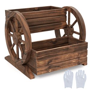 <b>Rustic</b> Wood 2-Tier Raised Garden <b>Bed</b> Wagon Shape with Drainage Holes and Wheels for Flower Pots & Planters - Product Image 5