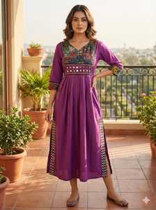 Conjunto de Kurta de Mezclilla para Mujer con Bordado Floral, Corte Holgado, Estilo Casual, Pantalones hasta el Tobillo, Estilo Indio, de Algodón - Product Image 4