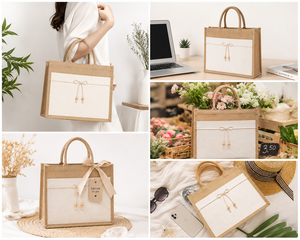 Natural Laminated Jute Tote Bag White Pocket Eco-Friendly Reusable Shopping <b>Handbag</b> for Beach Exhibition Wedding Use Rope Handle - Product Image 4