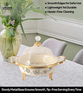 Plato para servir con tapa transparente tipo domo, material de porcelana fina, aspecto moderno y lujoso de alta calidad con soportes dorados. - Product Image 5