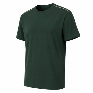 เสื้อยืดคอกลมแขนสั้นสีเขียวเข้มสำหรับผู้ชาย ทรงปกติ ผ้าเจอร์ซีย์คอตตอน 100% สีพื้น สวมใส่สบาย แต่งขอบตัดสี - Product Image 3