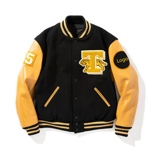 Veste universitaire noire pour homme avec manches jaunes, broderie personnalisée OEM, patch en chenille, veste universitaire de style college - Product Image 1