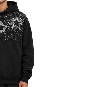 Sweat à capuche oversize noir en polaire pour homme, motif étoile en strass et cristaux, pull épais, streetwear, personnalisable OEM - Product Image 4