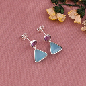 Boucles d'oreilles pendantes tendance en argent sterling 925 plaqué or avec améthyste naturelle et calcédoine aqua serties clos pour femme - Product Image 3