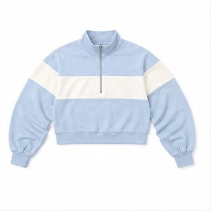 Customize Powder Blue <b>Womens</b> Oversized <b>Half</b> <b>Zip</b> Cropped <b>Sweatshirt</b> Rib Cuff Soft Knit Fleece - Product Image 6