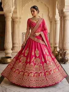 Lehenga de mariage en soie Kinjal, rose, pour femme, élégant, coupe évasée, broderie complexe, tenue de mariée traditionnelle - Product Image 1