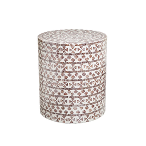 Decorative Warm Brown White Geometric Floral Inlaid <b>Stools</b> Mother of Pearl Handcrafted Round Mosaic <b>Plant</b> Stand Unique - Product Image 3