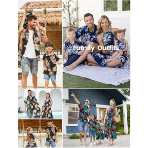Ensemble de tenues assorties pour la famille à motif feuilles tropicales, style resort : Robe longue à col licou et chemises boutonnées à manches courtes pour enfants - Product Image 6
