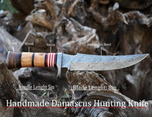 Couteau Bowie de camping artisanal de qualité industrielle en acier Damas avec manche en bois et résine, étui en cuir, 14 pouces - Product Image 6