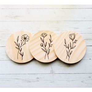 Handmade Oak Wood Drink <b>Coaster</b> Set Laser Engraved Floral Monstera Round Wooden Cup Mats Eco-Friendly Home Restaurant Decor Bulk - Product Image 2