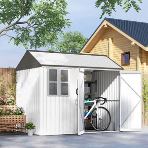 8FT X 6FT White Metal Garden Storage <b>Shed</b> Extra Large Outdoor Tool Storage House Doors <b>Window</b> Air Vents <b>Frame</b> Alloy Plastic - Product Image 2