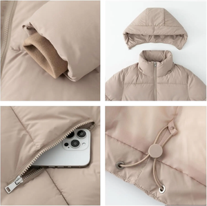 Unisex Beige Puffer <b>Jacket</b> With Stand Collar Lantern <b>Sleeve</b> Zipper Closure Windproof Thick Winter Casual Loose Fit <b>Short</b> Coat - Product Image 6