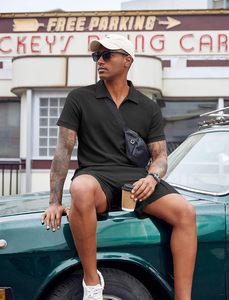 Ensemble 2 pièces pour homme, haut polo zippé en maille florale en polyester et short, respirant, léger, tenue décontractée d'été, gym, course à pied - Product Image 4