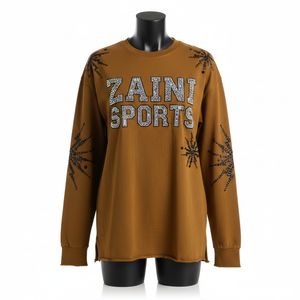 Camiseta Larga sin Mangas para Mujer, Tejido de Algodón de Alto Gramaje, Color Marrón, con Logotipo de Cristales Hotfix, Estilo Casual - Product Image 1