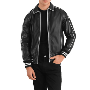 <b>Men's</b> Black Wool Varsity <b>Jacket</b> with <b>White</b> Trim Turn-Down Collar Zipper Closure Reflective Polyester/Cotton Casual Winter Wear - Product Image 3