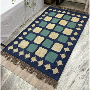 Assured Quality Geometric Area Rug Rectangle Blue Green Beige Bohemian Style Flat Pile Living Room Decor - Product Image 1