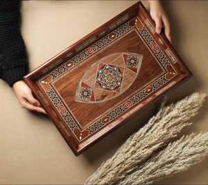 Handmade Moroccan Wooden Mosaic Serving Tray Vintage <b>Walnut</b> Wood With Mother Of Pearl <b>Shell</b> Inlay Decorative Kitchen Dining Gift - Product Image 6