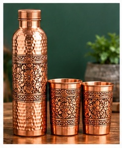 Artisnal Copper Water Bottle Set with <b>2</b> <b>Cups</b> Leaf Engraved Vintage <b>Flask</b> with Lid Portable Drinkware - Product Image 4