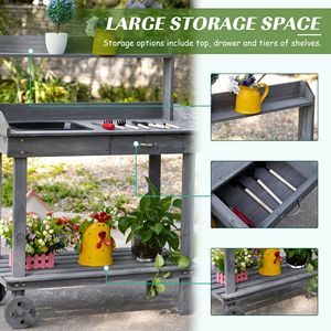 Banco da Giardinaggio in Legno Grigio con Ruote, Lavello Esterno, Cassetto e Spazi di Stoccaggio - Product Image 4