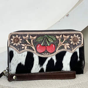 Cartera de cuero repujado Western Cherry 2026 de gran venta, de piel auténtica de vaca con pelo, con cremallera y organizador de muñeca - Product Image 4
