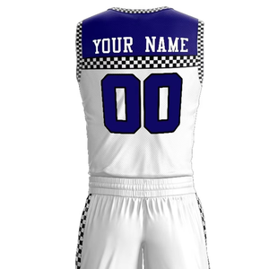 Camiseta de Baloncesto Personalizada con Cuello en V, Sin Mangas, Sublimada, de Malla, Uniforme con Patrón a Cuadros Blanco y Azul, Nombre del Equipo, Número 00, Unisex, Adulto - Product Image 4