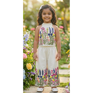 Conjunto coordinado premium para niños, sin mangas, de algodón khadi, con top corto con bordado floral dori, pantalón largo y lazo, para fiestas. - Product Image 1