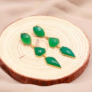 Handmade Green Onyx Faceted Fancy Shape Gemstone <b>Stud</b> <b>Earrings</b> Vermeil Gold Bezel <b>Set</b> for Wedding Anniversary or Gift - Product Image 4