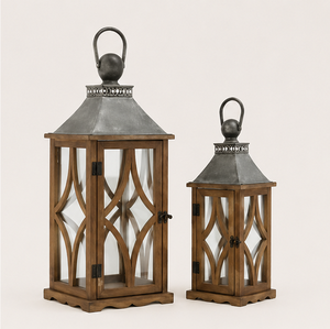 Vintage Farmhouse Wooden Candle <b>Lantern</b> <b>Set</b> of 2 Rustic Distressed Brown Decorative <b>Lantern</b> with Antique Metal Top for Home - Product Image 5