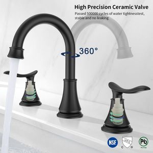 Robinet de lavabo noir mat à 2 poignées, 8 pouces de large, avec bec pivotant à 360 degrés, robinet de lavabo à 3 trous pour vasque de salle de bain - Product Image 3