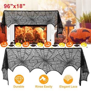 2 Piezas de Mantón de Halloween de 96"x18" con Encaje Negro, Diseño de Telaraña y Murciélago, Tela Suave Antiarrugas para Decoración del Hogar - Product Image 1