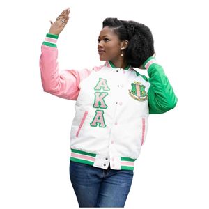 AKA White Green <b>Pink</b> Varsity Bomber <b>Jacket</b> Women's Greek Style Letterman <b>Jacket</b> With Embroidered Design Custom Lin - Product Image 4