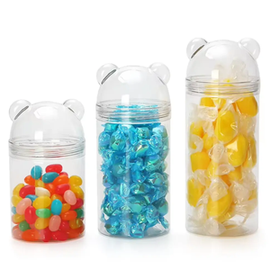 Square <b>Plastic</b> Candy <b>Jar</b> with Bear Lid Transparent PET Food Storage <b>Jar</b> for Snack 200ml/300ml/380ml 10.000 pcs New Sample - Product Image 2