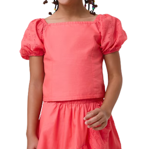 Camiseta de Algodón con Mangas Abullonadas para Niñas, Cuello Cuadrado, Top de Verano, OEM ODM, Ropa Casual - Product Image 1