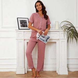 Ensemble de pyjama en coton pour femmes, élégant, 2 pièces, vêtements de nuit de luxe, hauts à manches courtes et pantalons - Product Image 5