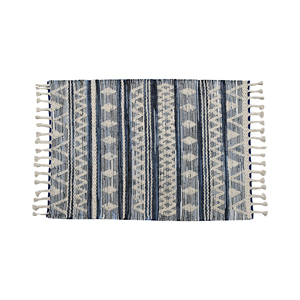 Handwoven 9x12 Blue Beige Flatweave <b>Rug</b> with Raised <b>Tufted</b> Geometric Stripes and Fringe for Hallway - Product Image 4