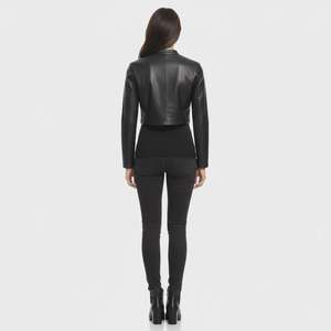 Black PU <b>Leather</b> Stand Collar Cropped <b>Blazer</b> Full Sleeve Minimalist Women's <b>Jacket</b> Autumn Style - Product Image 4