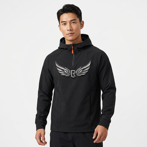 Sudadera con Capucha Negra para Hombre, Cierre de Cremallera de un Cuarto, Corte Regular, Forro Polar, Manga Larga, Estilo Casual para Otoño - Product Image 4