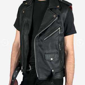Men's Black Leather-Style Moto Vest With Zipper Closure And Pockets Regular Length Outer Wear Men's summer outerwear Solid color - Product Image 5
