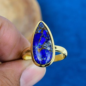 Copper Lapis Lazuli Pear Shape Gemstone <b>Ring</b> Handmade 18k Gold Micron Over 925 Sterling <b>Silver</b> - Product Image 2